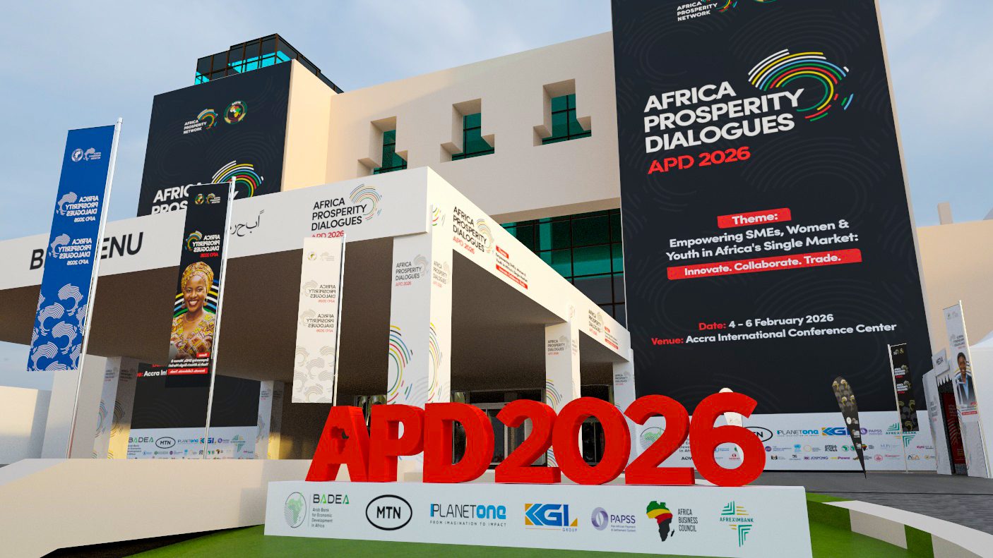 Africa Prosperity Dialogues venue — one identity across stage screens, signage and banners