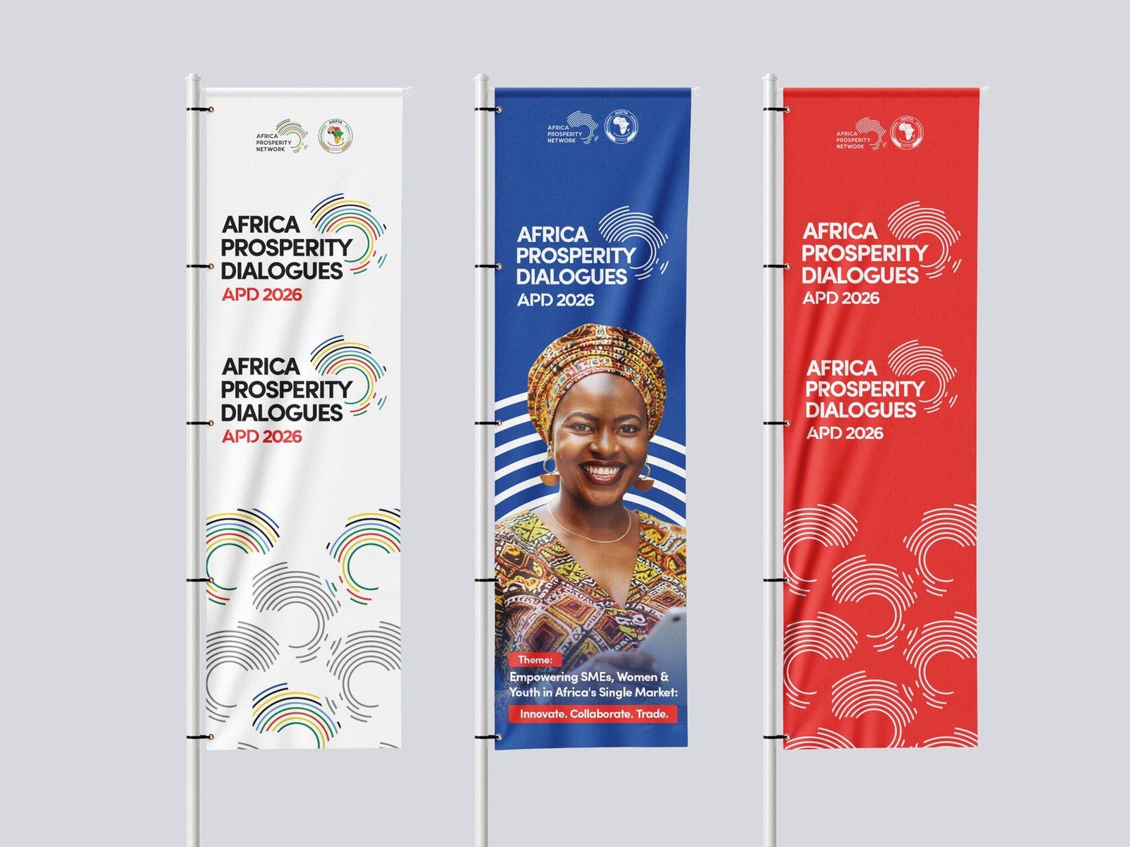 Flag and feather-banner signage system in matching identity