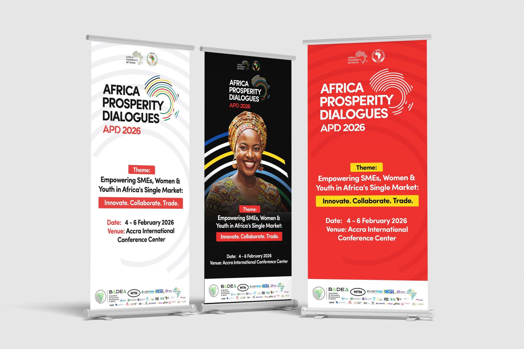 Roll-up banner system in three coordinated colourways