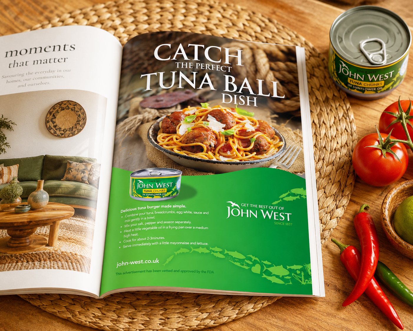The tuna ball ad open in a lifestyle magazine on a woven mat with the tin, tomatoes and chillies styled around it