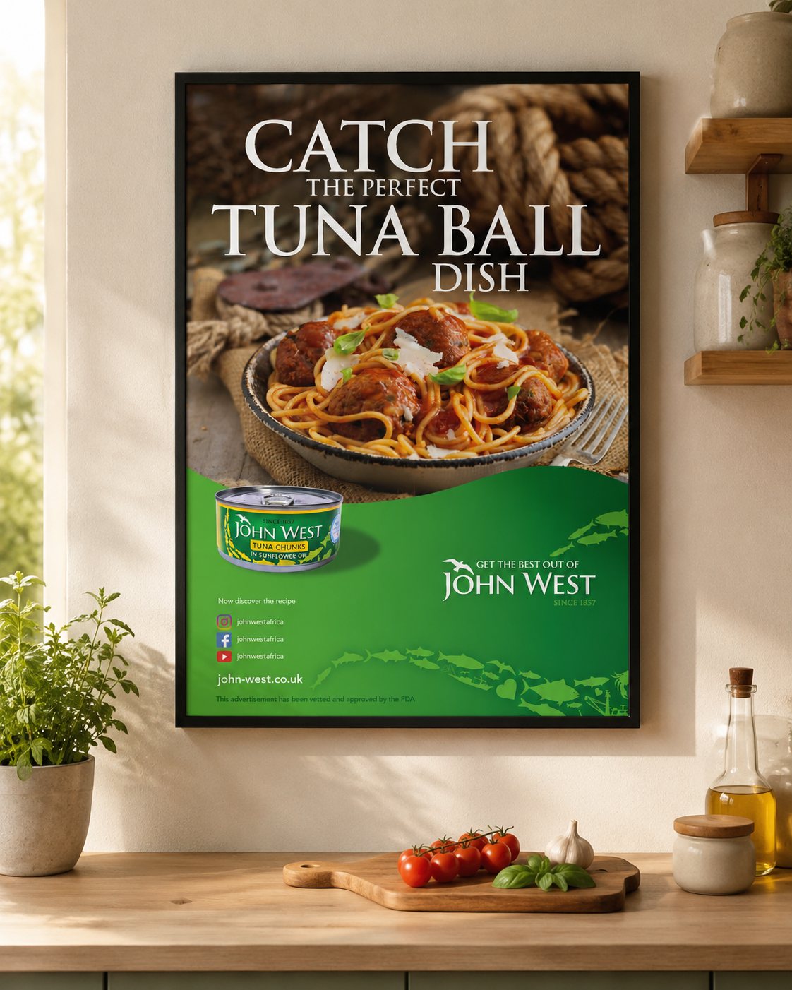 Catch the Perfect Tuna Ball Dish poster framed on a warm kitchen wall above a worktop
