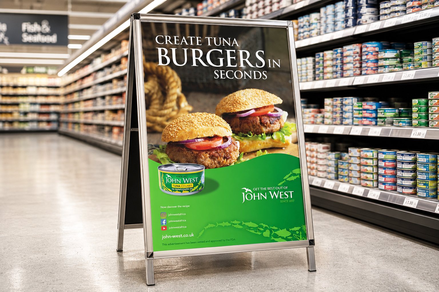 Create Tuna Burgers in Seconds poster in a chrome A-frame at the end of a supermarket tuna aisle
