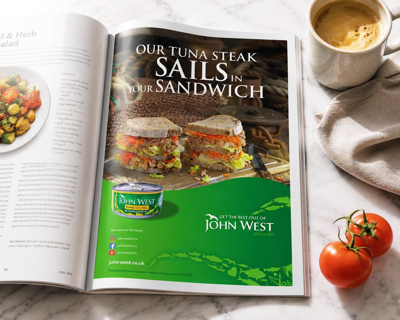 Our Tuna Steak Sails in Your Sandwich as a full-page ad in an open food magazine beside a recipe page, coffee and tomatoes styled around it