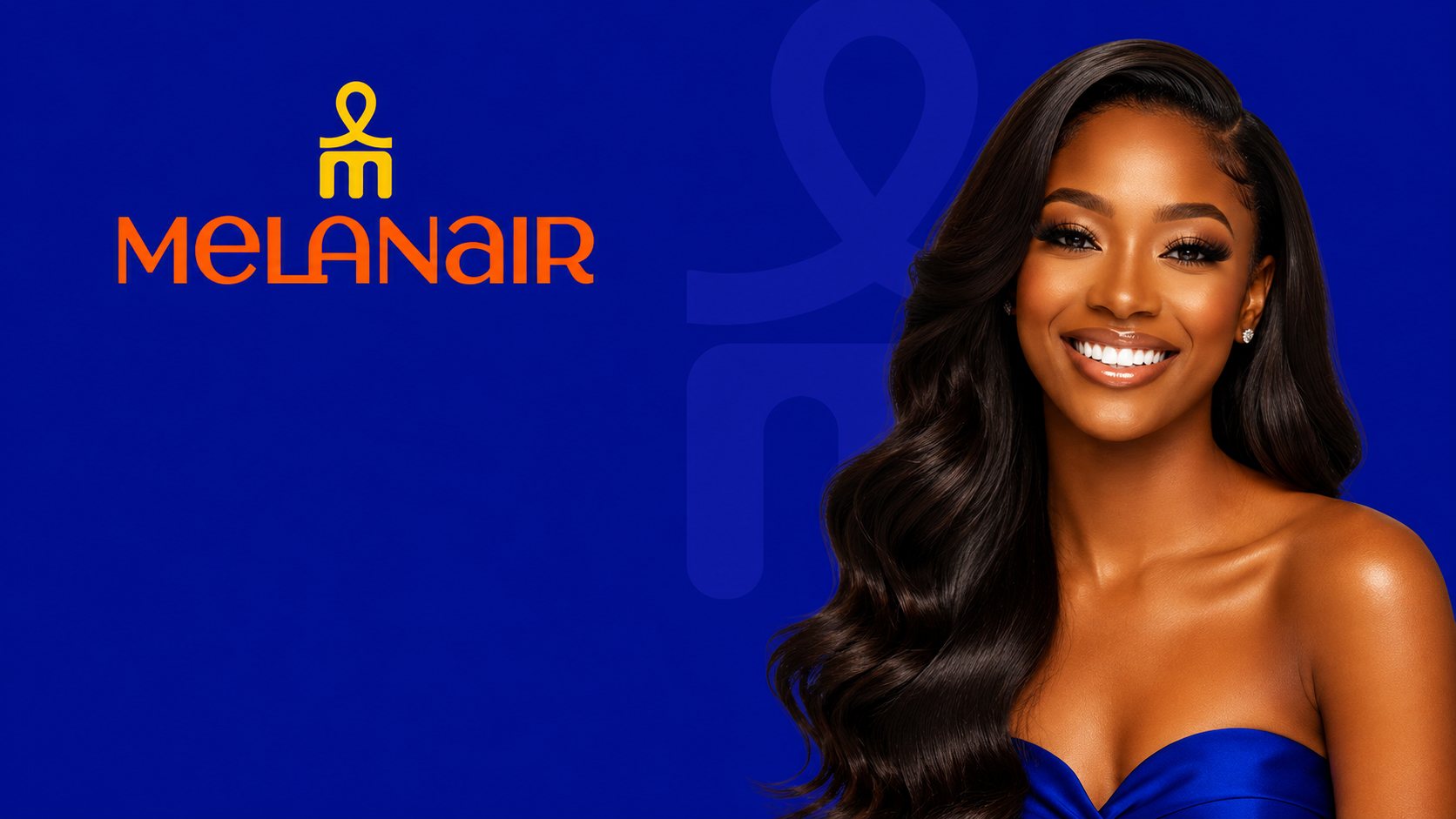 MELANAIR wordmark and model with a Brazilian blend on royal blue, a large tonal ankh watermark behind her