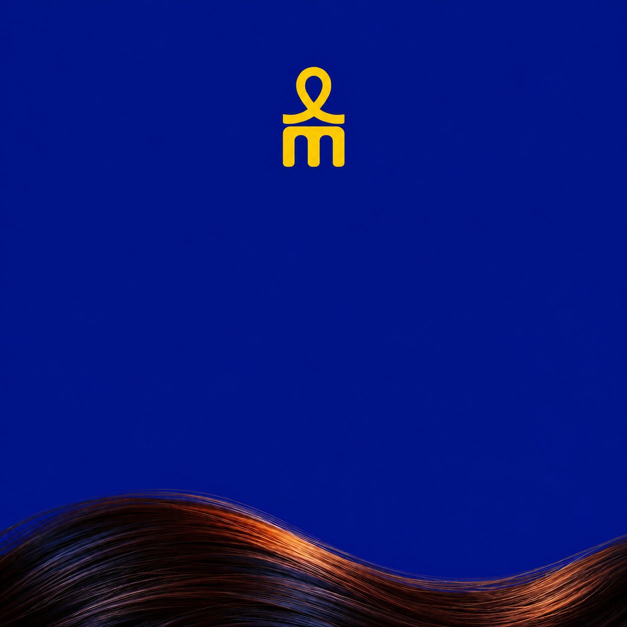 Minimal MELANAIR crown mark on royal blue with a wave of hair along the bottom
