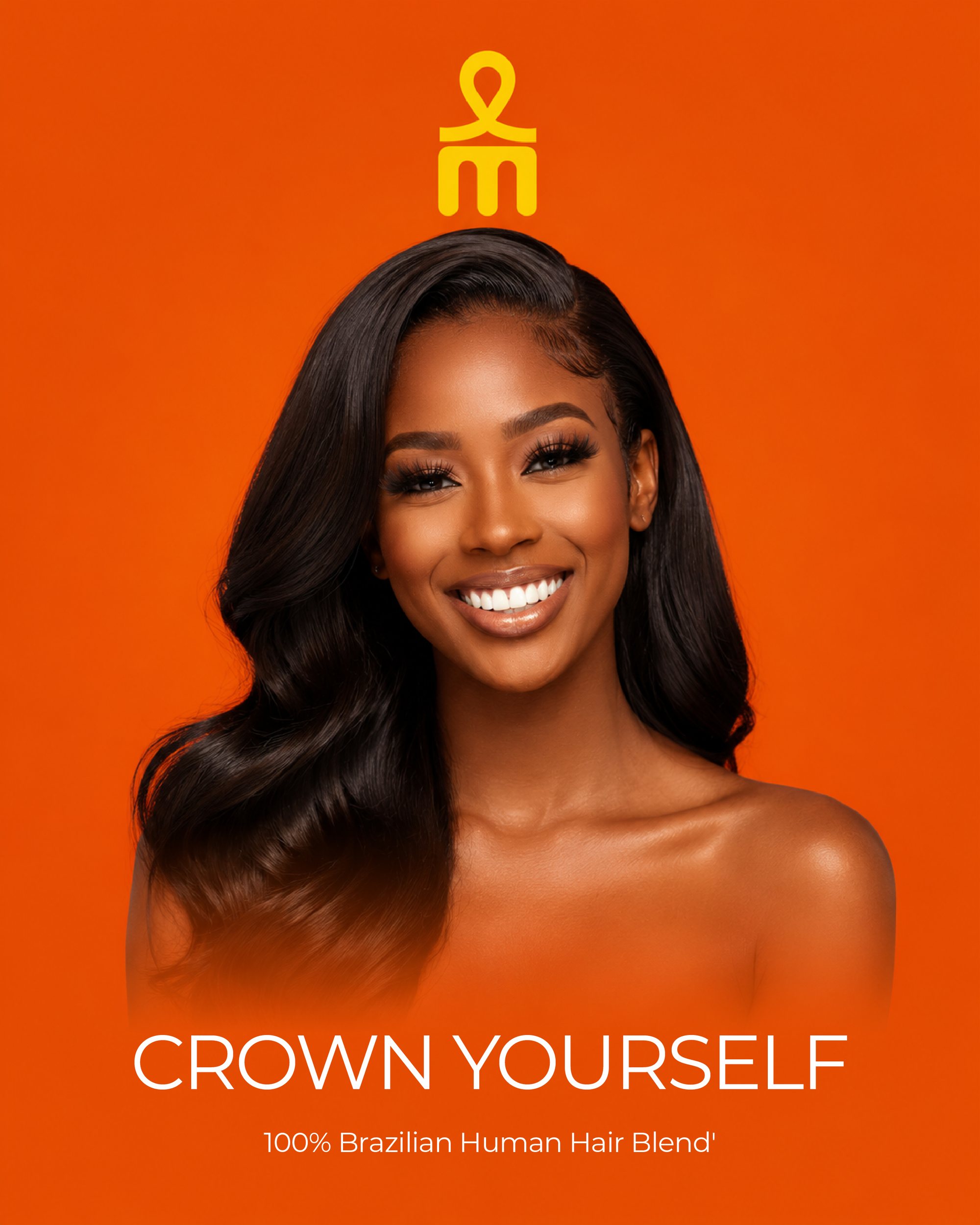 MELANAIR model with a styled Brazilian blend on an orange background, the golden ankh 'm' crowning her head, headline Crown Yourself