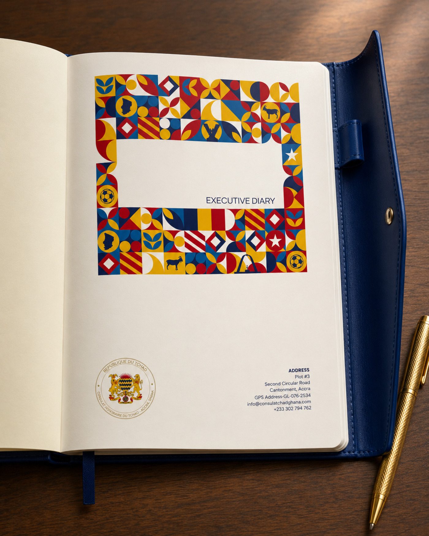 Executive diary, open, with coat-of-arms stationery