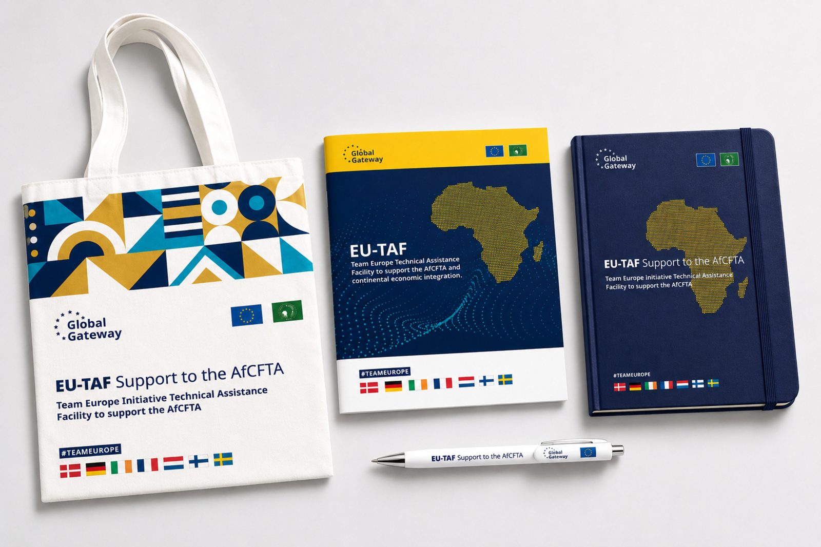 EU-TAF branded material set — brochures, notebooks, pens